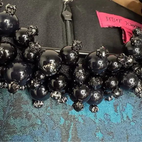 Betsey Johnson Blue Green Jacquard Beaded Collar Dress 4 Holiday Party - Picture 6 of 7